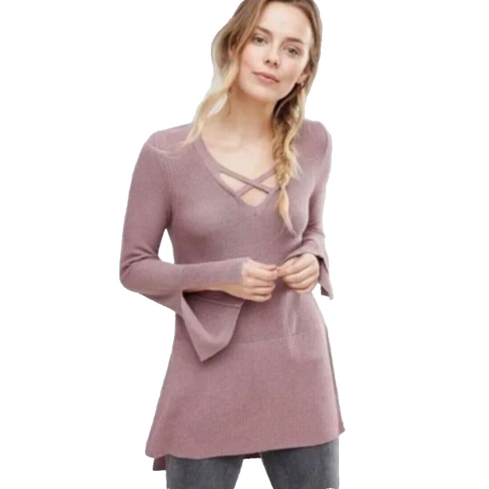 Free People Knit Tunic Sweater Womens Small Purple Mauve Side Slit Boho Top VGUC